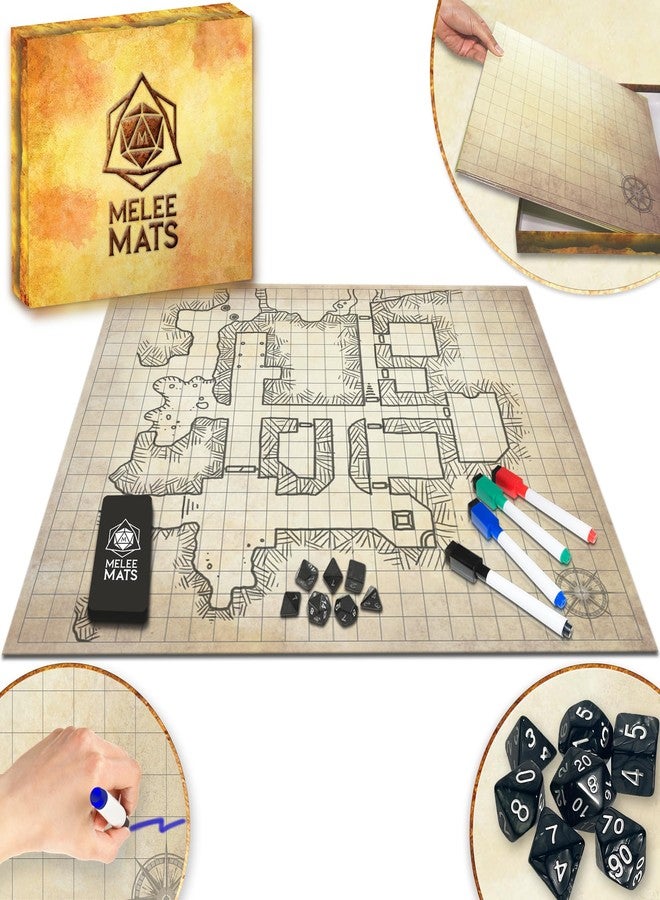 Melee Mats مجموعة خرائط بداية لعبة الاشتباك المباشر DND - 23 بوصة × 27 بوصة، وجهان، قابلة للمسح الجاف والرطب، شبكة تضاريس معركة لألعاب Dungeons and Dragons - مجموعة ألعاب لوحية مع ملحقات - Image 1